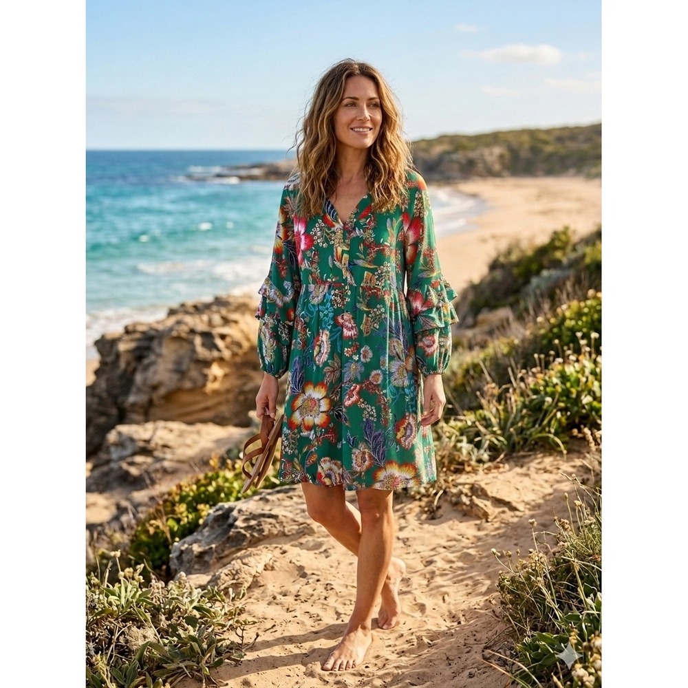 Figueroa & Flower Anthropologie kelly Green Floral Long Sleeve Mini Dress M New